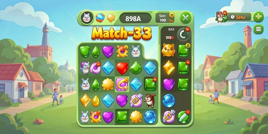 Screenshot utama 898A menampilkan gameplay seru Match-3 dengan kombinasi warna yang menarik.