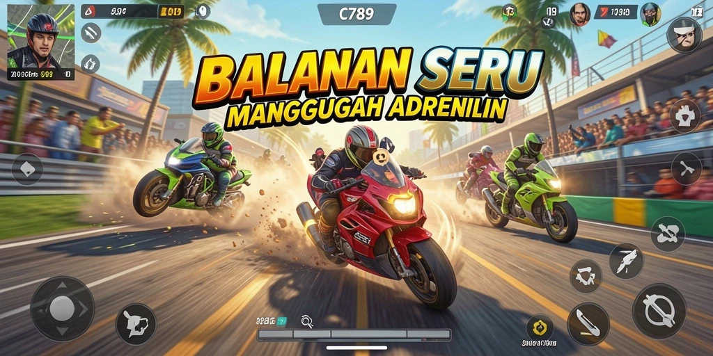 Screenshot C789 menampilkan aksi balap yang mendebarkan di lintasan berwarna-warni.