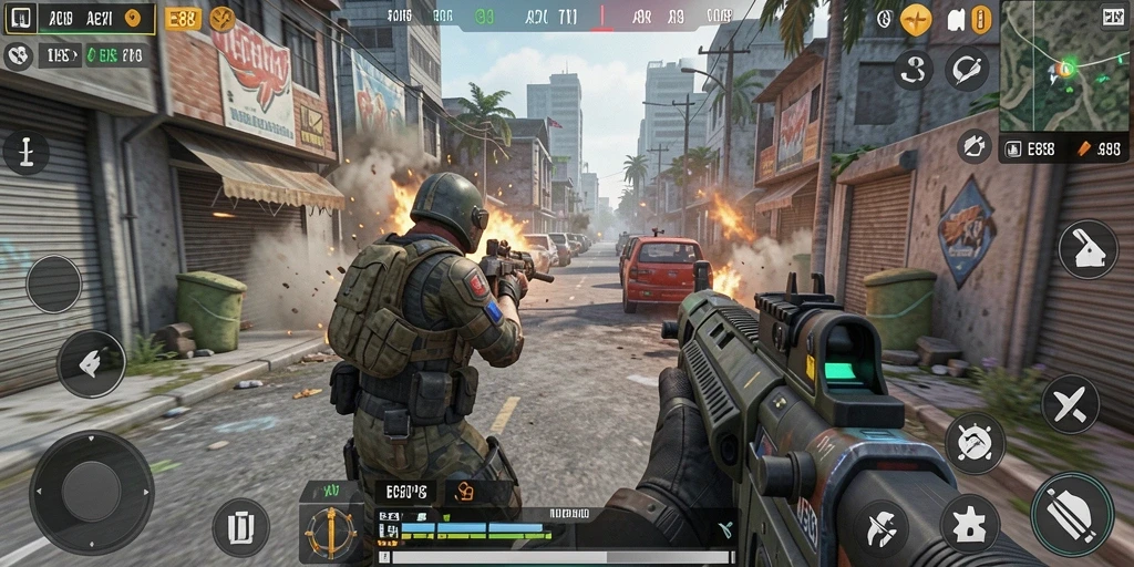 Tampilan gameplay E88 yang mendebarkan di lingkungan pertempuran yang dinamis.