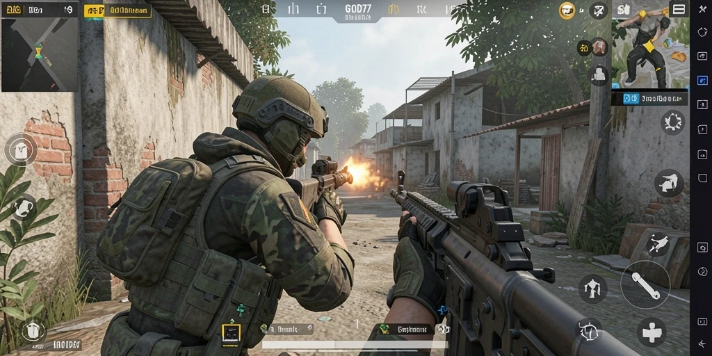 Screenshot menampilkan pertempuran intens dalam gameplay FPS GOD77.