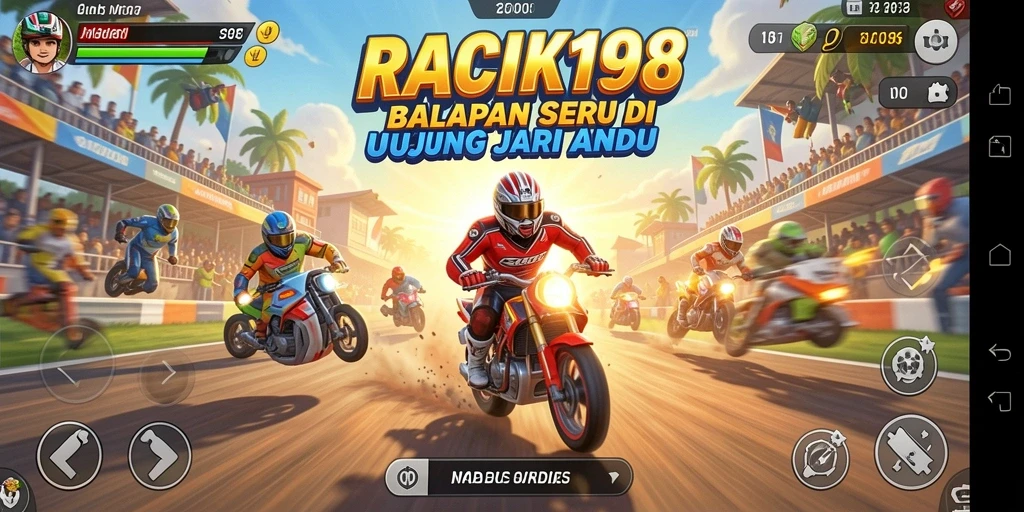 Tangkapan layar gameplay <strong>RACIK198</strong> menampilkan aksi balapan yang seru dan kendaraan berwarna-warni.