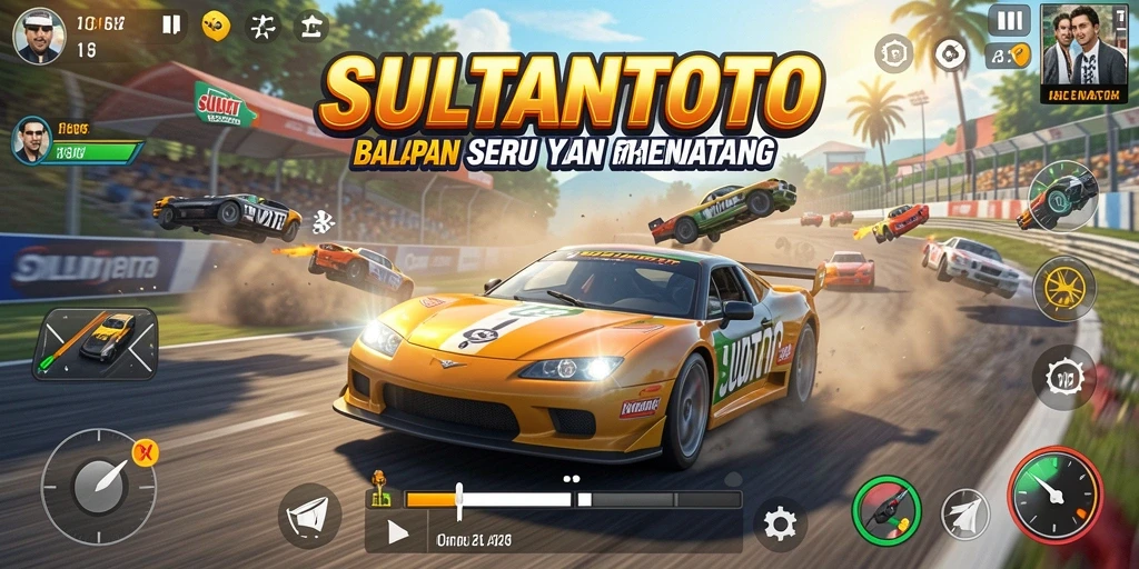 Screenshot utama SULTANTOTO menunjukkan aksi balapan yang mendebarkan.
